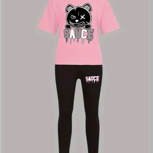 Pink Graphic Tee and Black Leggings Set